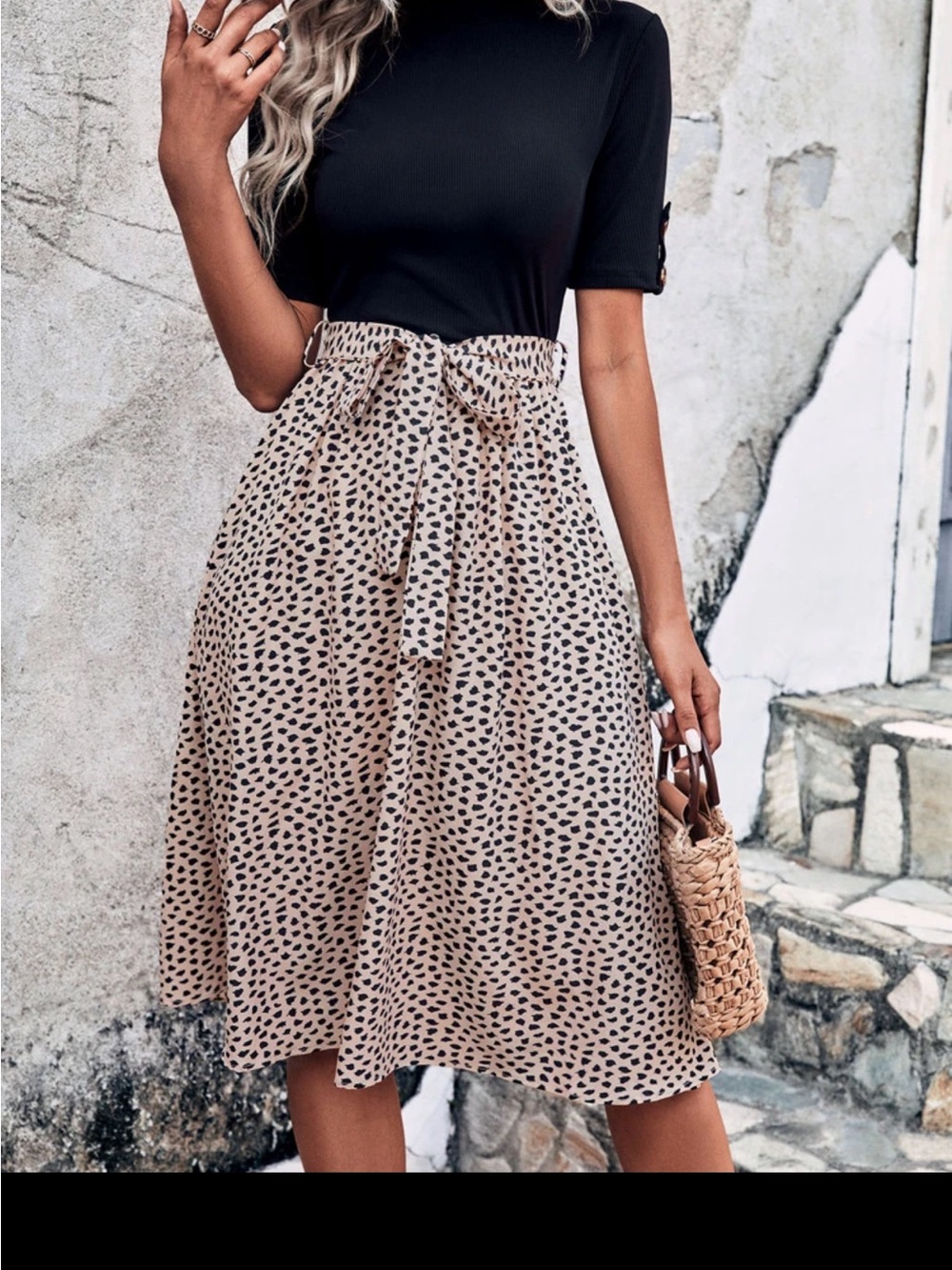 SHEIN Beige & Black Polka-Dot Tie-Waist Midi Skirt